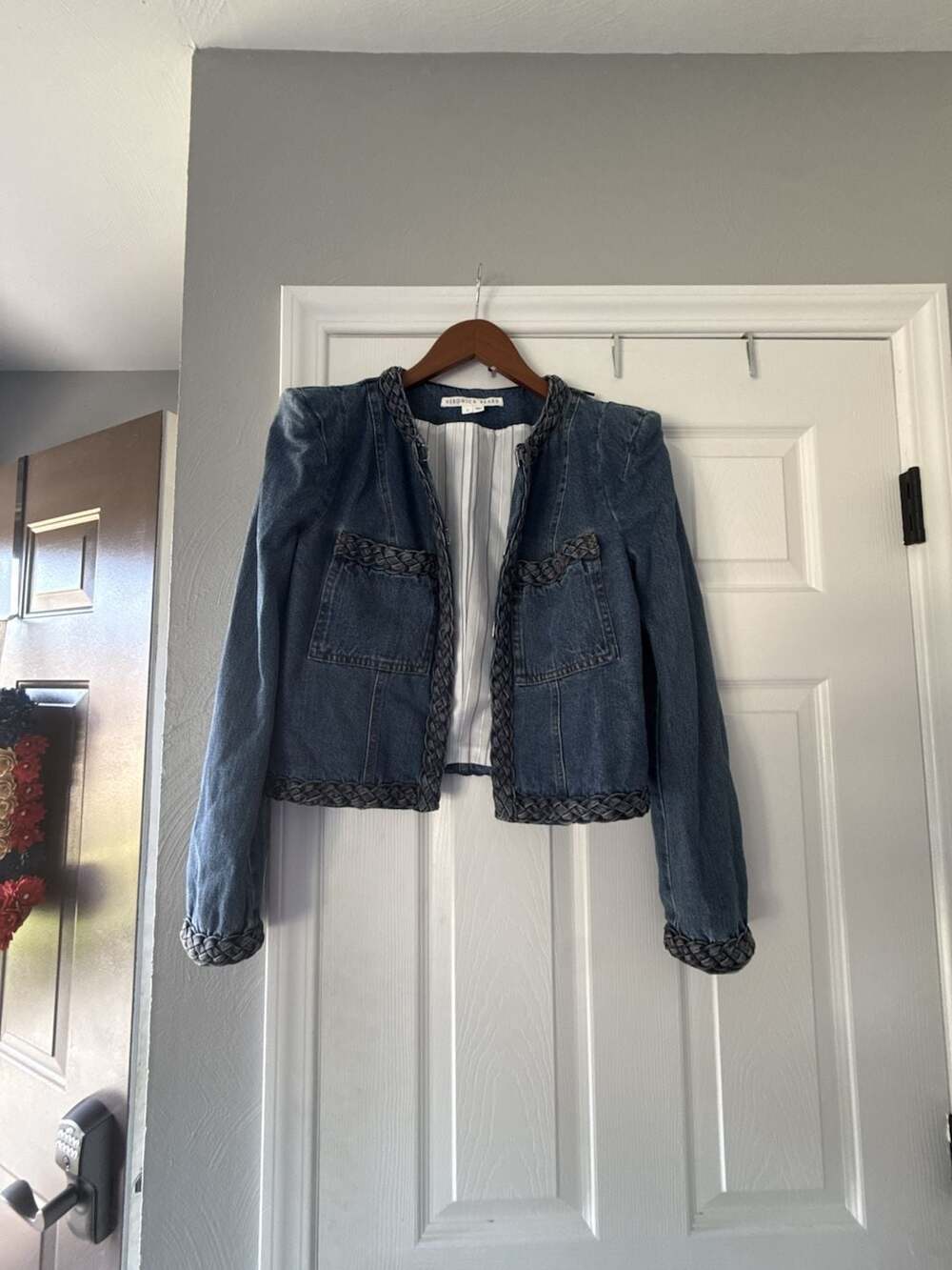 Veronica Beard Arrowe Braided Trim Crop Denim Jacket